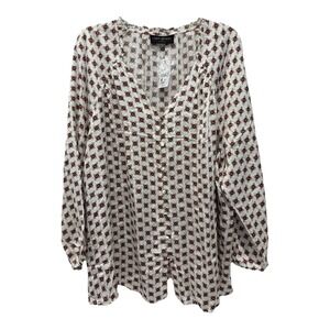 Lane Bryant Top Womens 18/20 Ivory Floral Tunic Long Sleeve‎ Satiny Lightweight